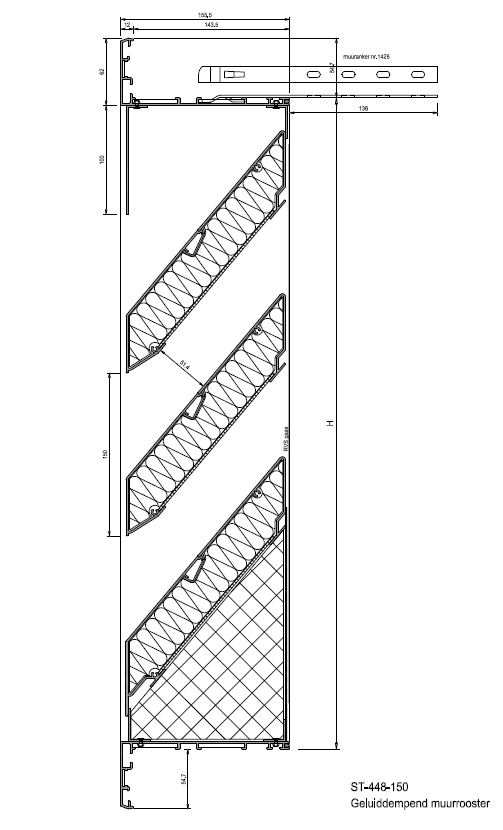 Doorsnedetekening ST-448-150 akoestisch ventilatierooster